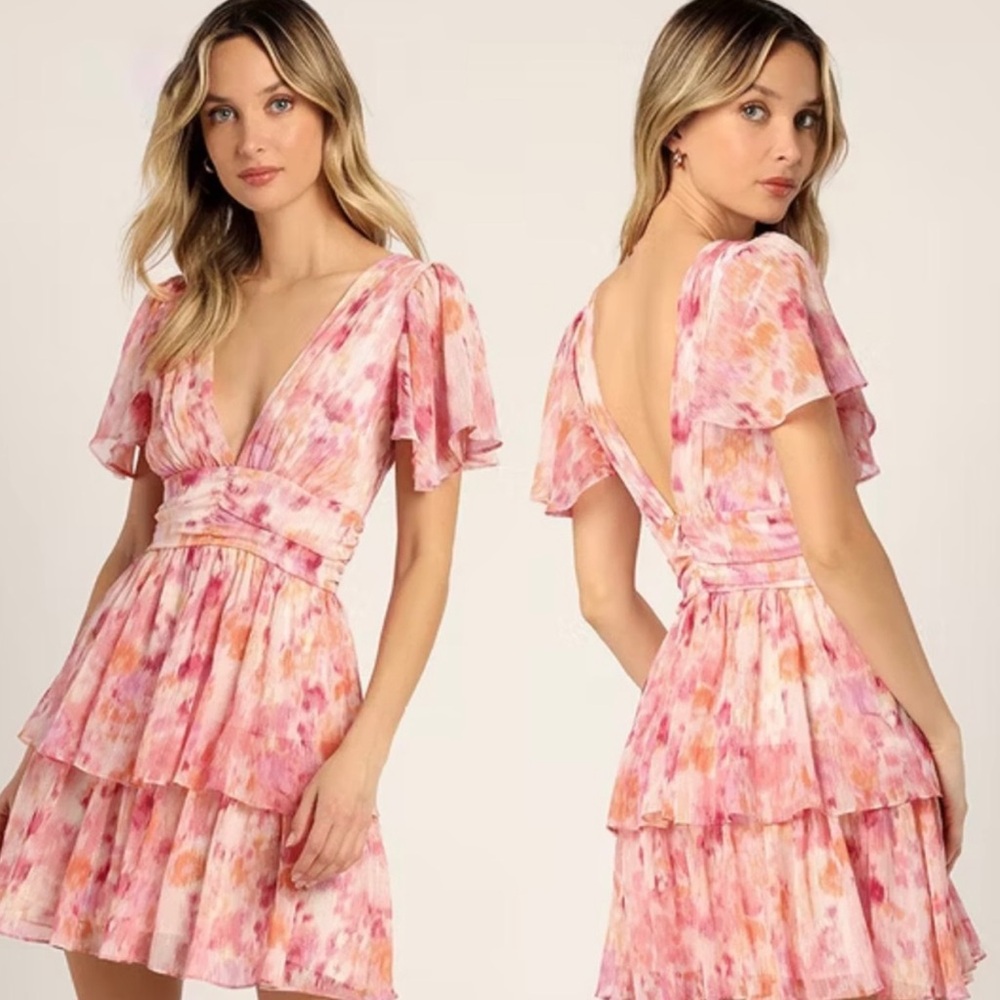 Lulu's Pink & Peach Watercolor V-Neck Tiered Mini Dress